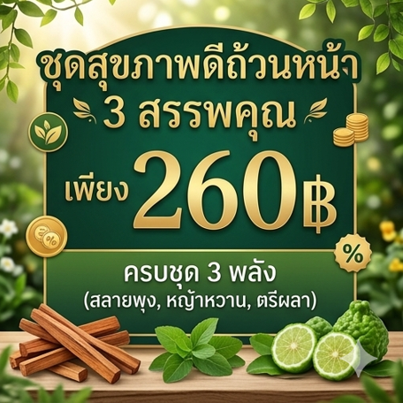 โปรกิตติกรณ์สมุนไพร สลายพุง + หญ้าหวาน + ชาตรีผลา 260฿ โปรโมชั่นกิตติกรณ์สมุนไพร สลายพุง หญ้าหวาน และชาตรีผลา ราคา 260 บาท